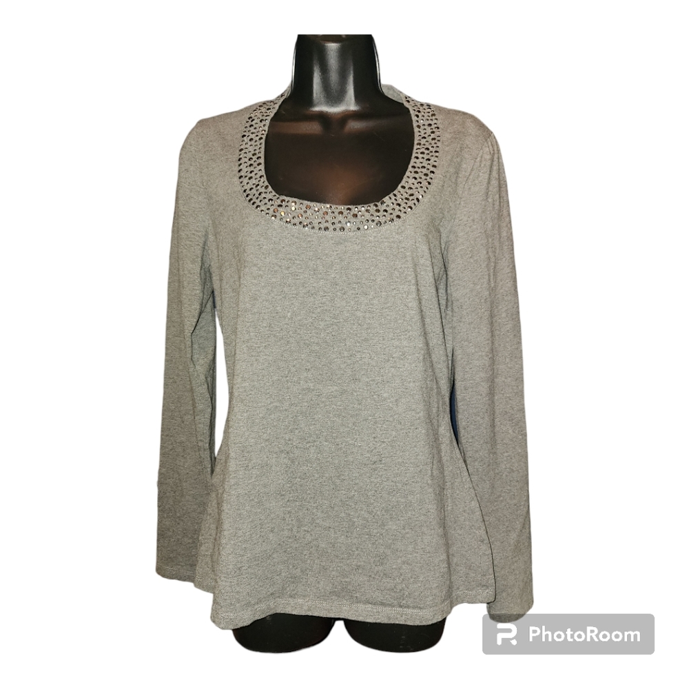 Express Sexy Stretch Silver Embellished Gray Scoop Neck Long Sleeve Blouse L